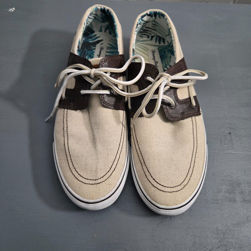 Tommy Bahama Boat Shoes Mens 11.5 Tan Canvas Leather Lace Up Casual Comfort - Picture 3 of 6